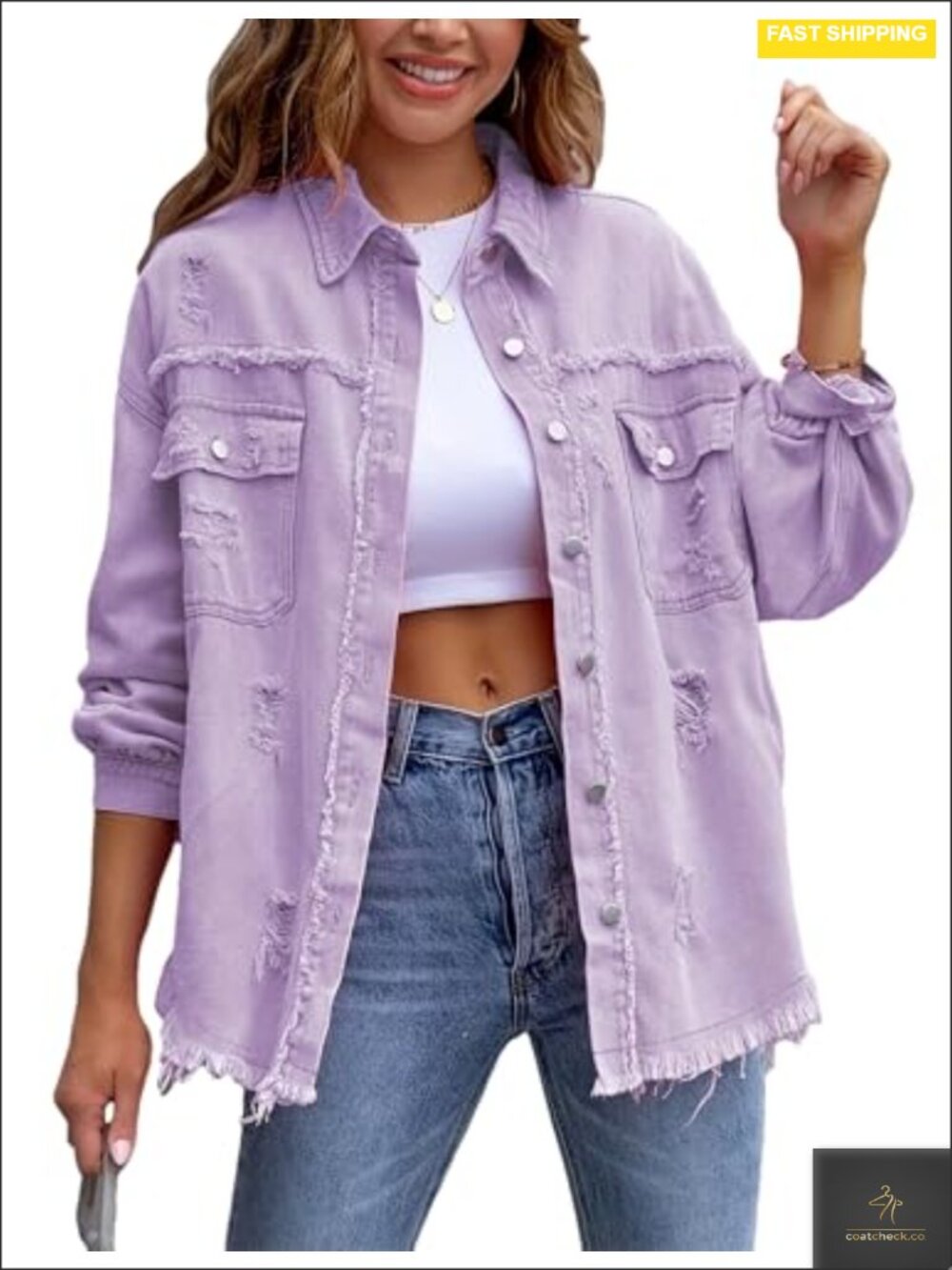 Women's Oversized Ripped Distressed Denim Jacket Button Down